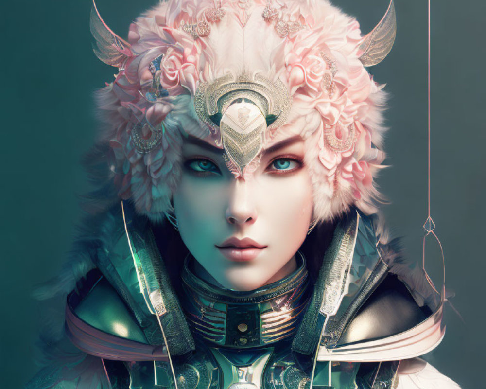 Fantasy character in green armor with blue eyes and floral helmet