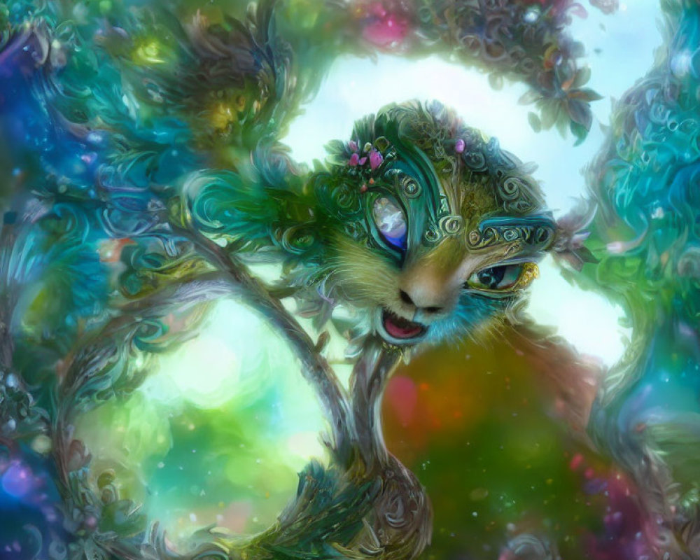 Illustration of cat-faced creature with jeweled filigree on colorful, swirling backdrop