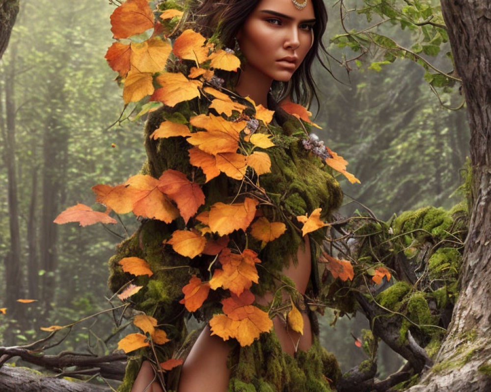 Mystical woman with striking eyes in forest setting