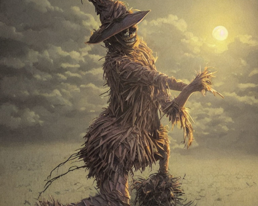 Anthropomorphic scarecrow with hat dancing in field at sunset