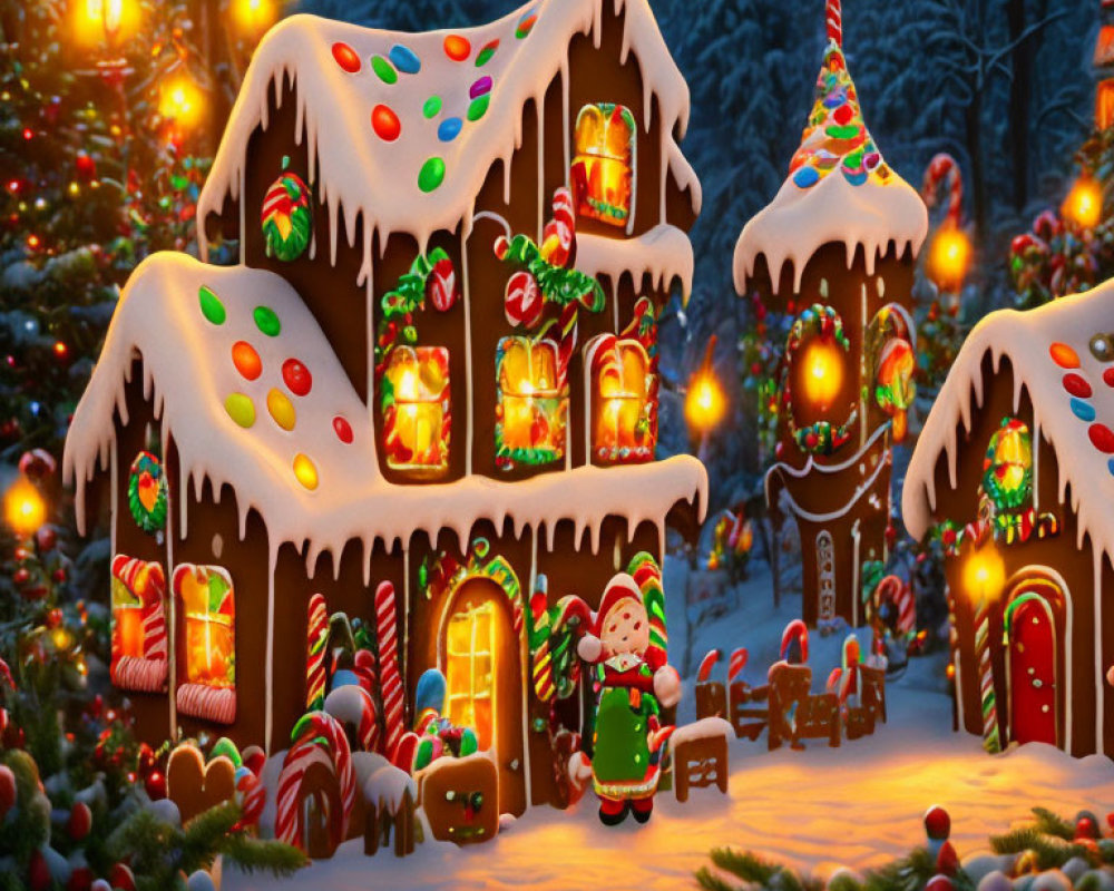 Festive gingerbread house scene in snowy Christmas setting