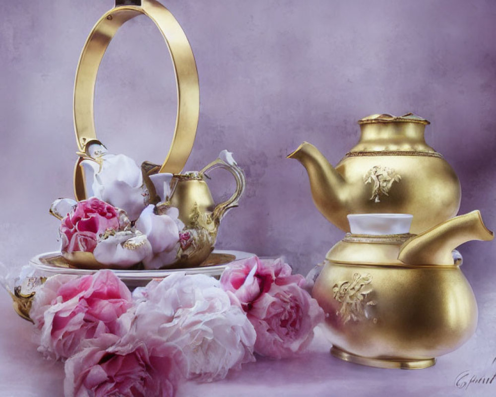 Golden teapot, creamer, flowers on mirrored tray with oval handle