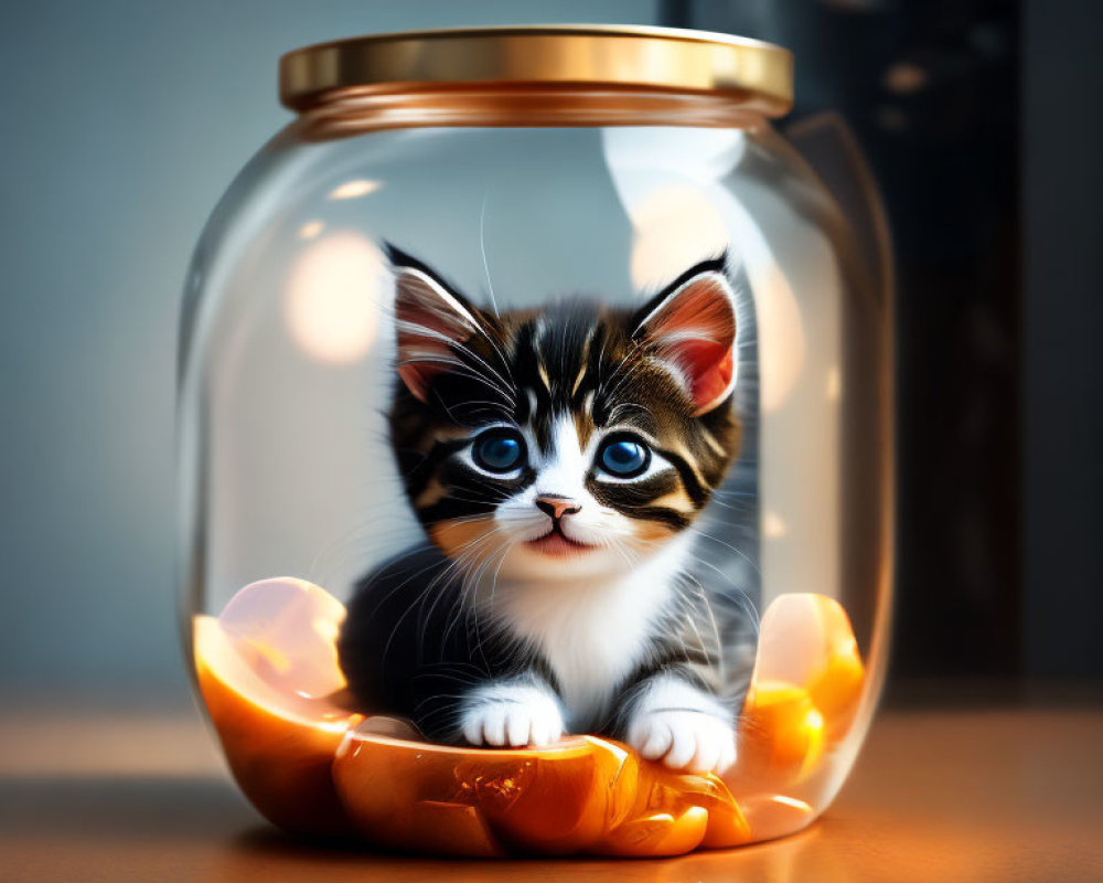 Black and White Kitten with Blue Eyes in Glass Jar with Glowing Lights