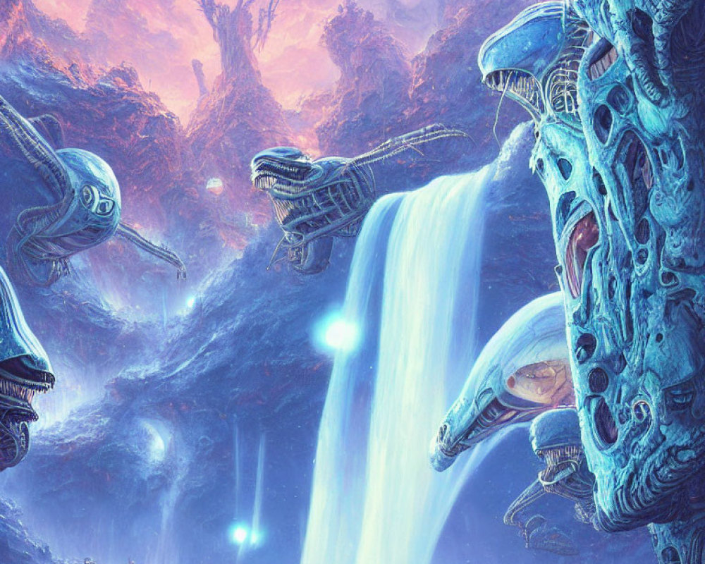 Alien architecture, waterfalls, glowing lights in sci-fi landscape