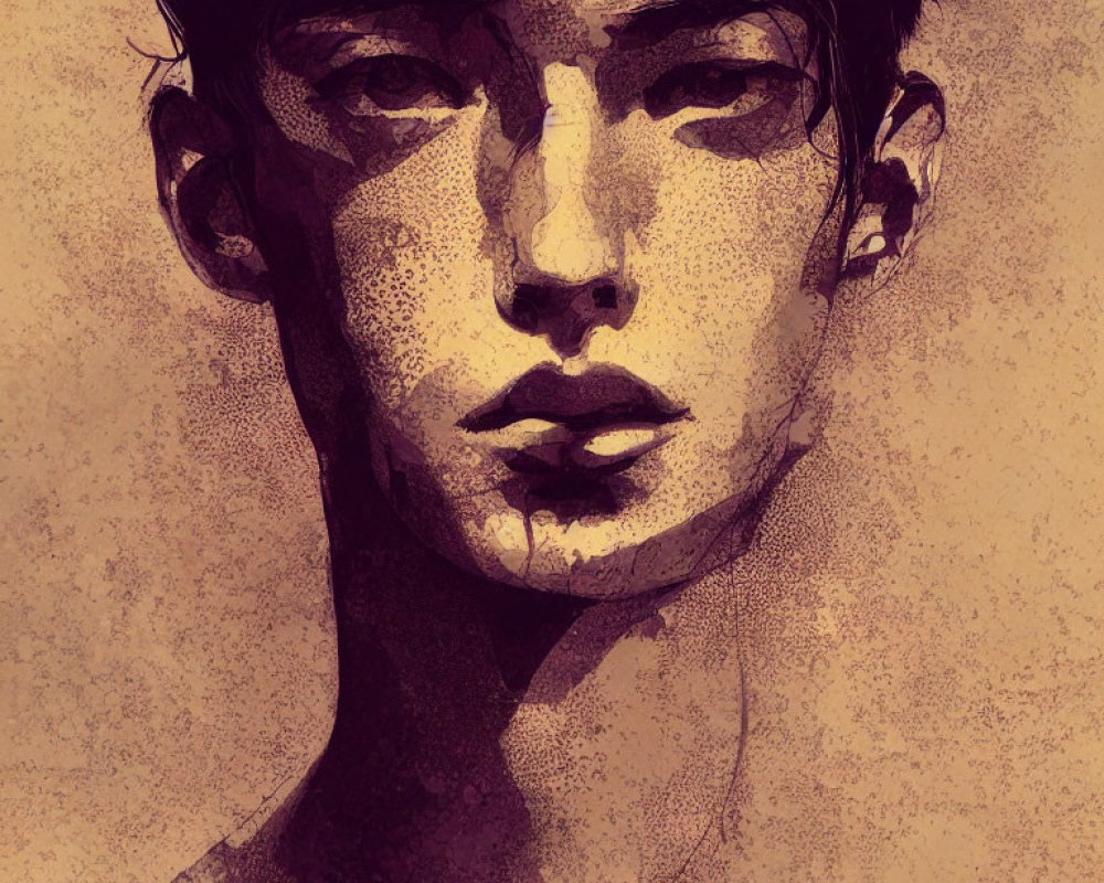 Detailed sepia-toned portrait with intense gaze.