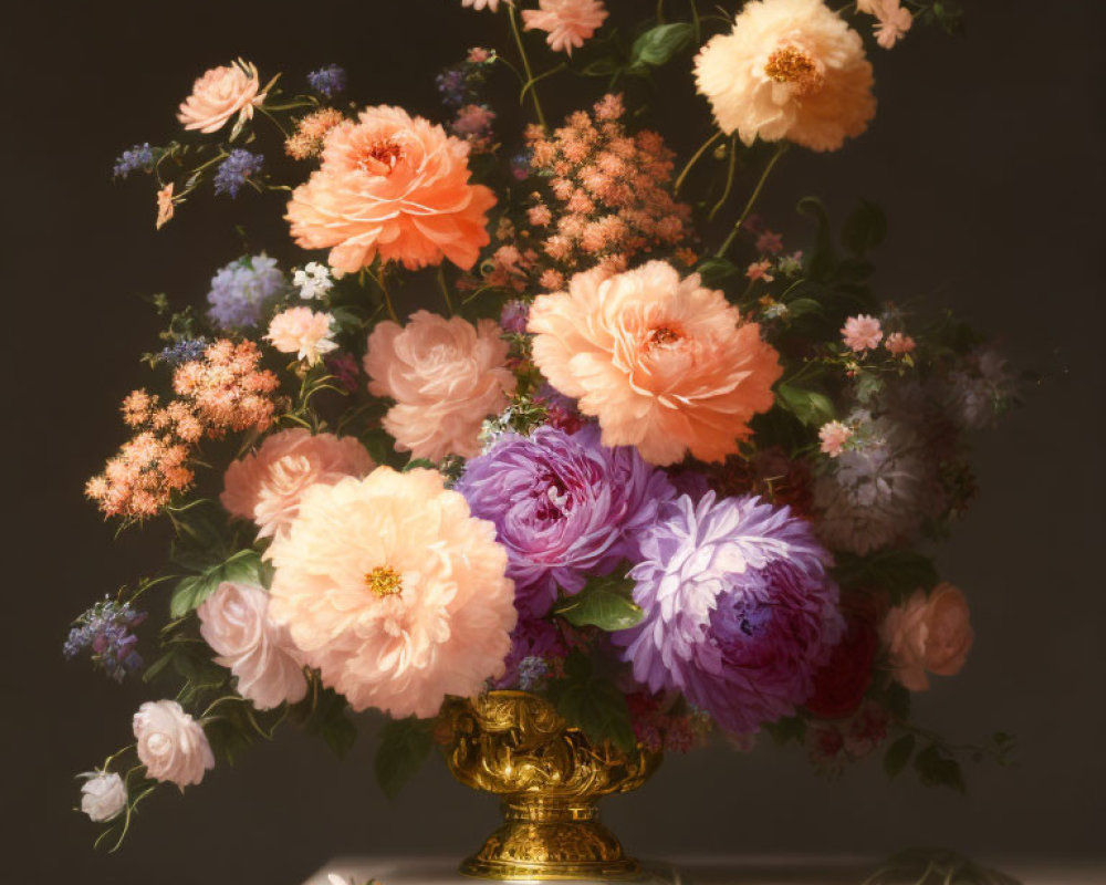 Multicolored flowers in golden vase on dark background