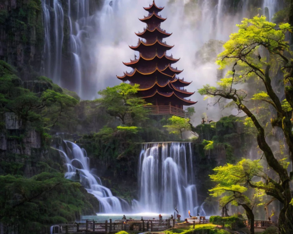 Majestic waterfall and pagoda with lush greenery and visitors