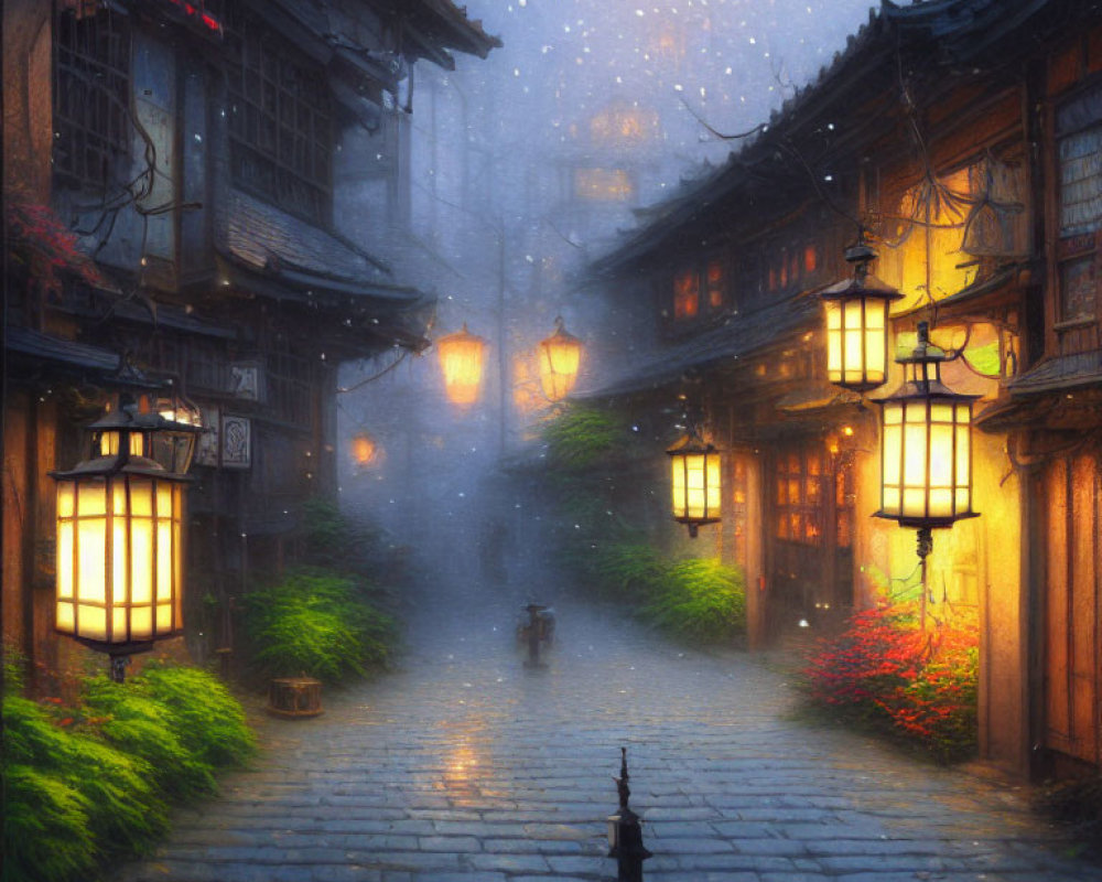 Traditional Lantern-Lit Cobblestone Street in Twilight Snowfall