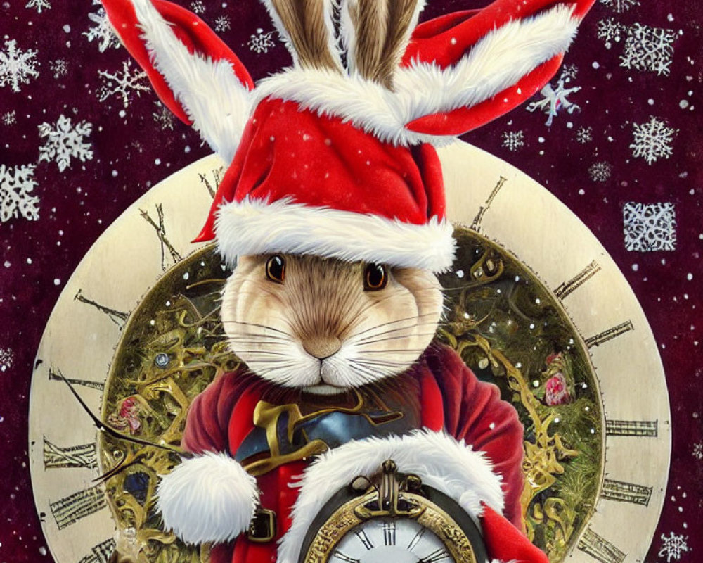 Anthropomorphic rabbit in Santa Claus outfit with clock background and snowflakes