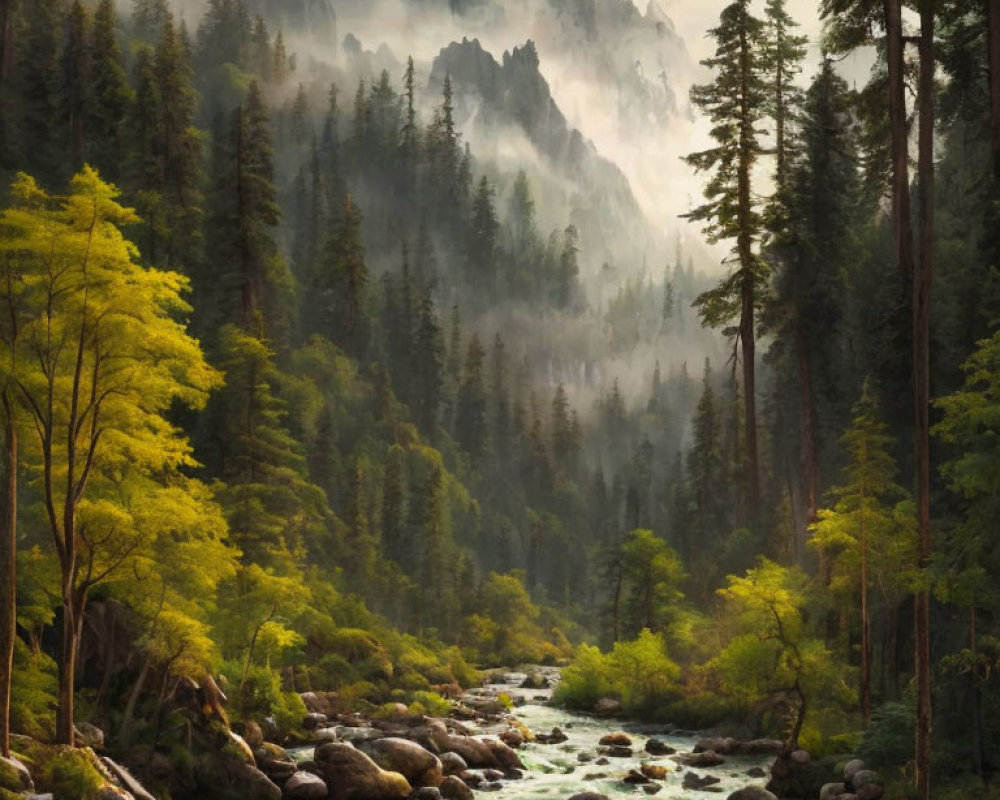 Tranquil river in misty mountain forest landscape