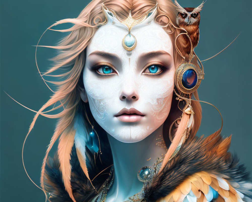 Fantasy-themed portrait of woman with fair hair, ornate jewelry, facial tattoos, and owl.