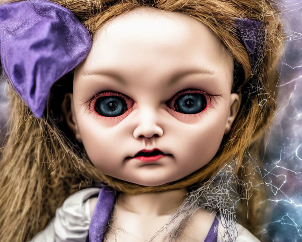 Creepy doll with red eyes, brown hair, purple dress, cobwebs