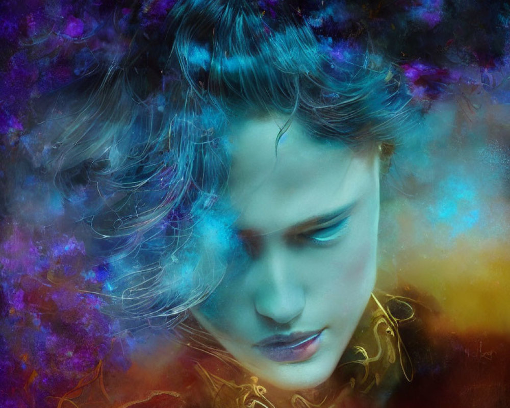 Digital Artwork: Contemplative Person in Vibrant Nebula