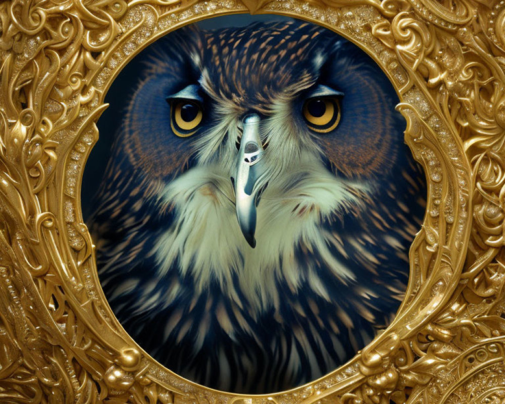 Intense eagle face in ornate golden circular frame