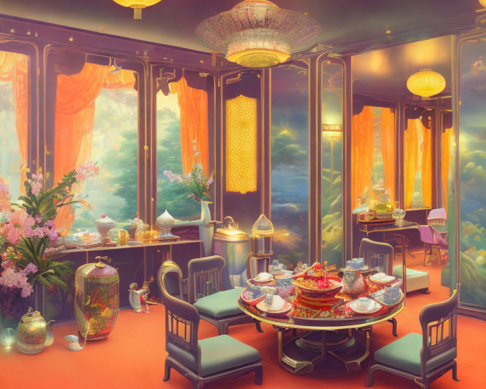 Luxurious Orange and Blue Room with Tea Set, Golden Curtains, and Chinese Vases