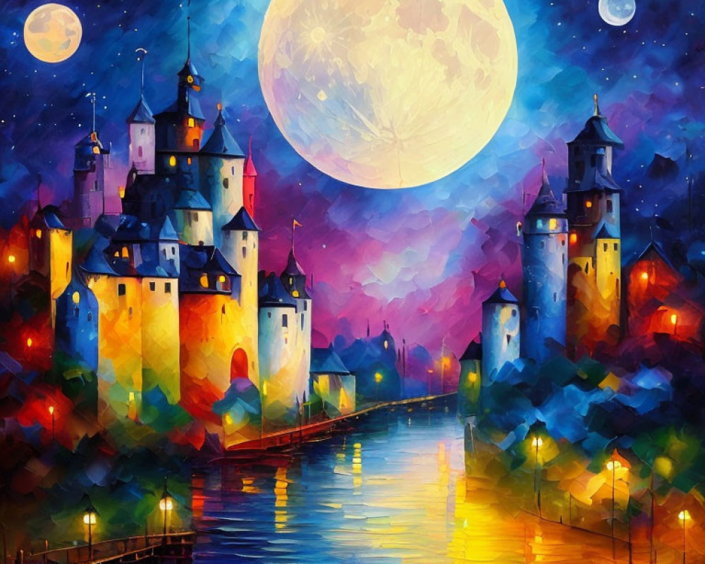 Nighttime castle painting with moonlit reflections on water.