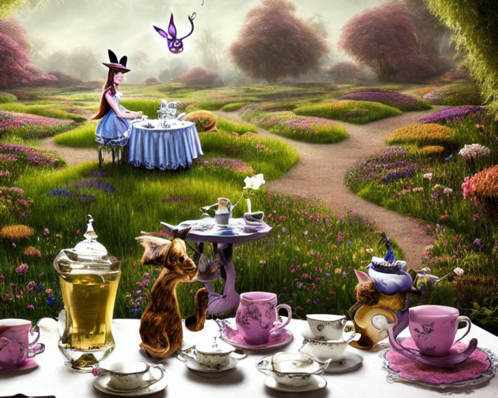 Whimsical tea party in flower-filled landscape