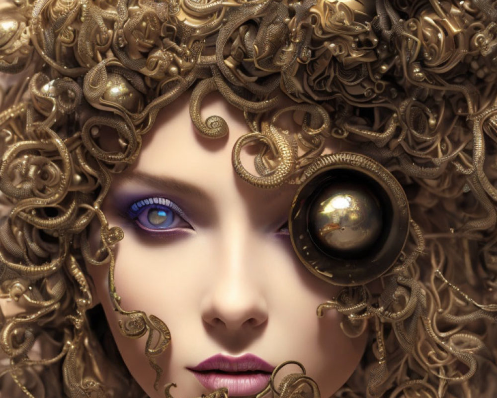 Person with Golden Ornate Curls & Reflective Eye Sphere