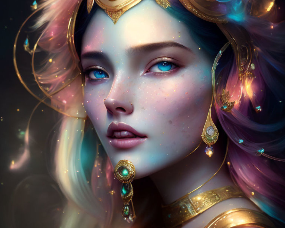 Fantasy portrait of female character with multi-colored hair and ornate gold jewelry