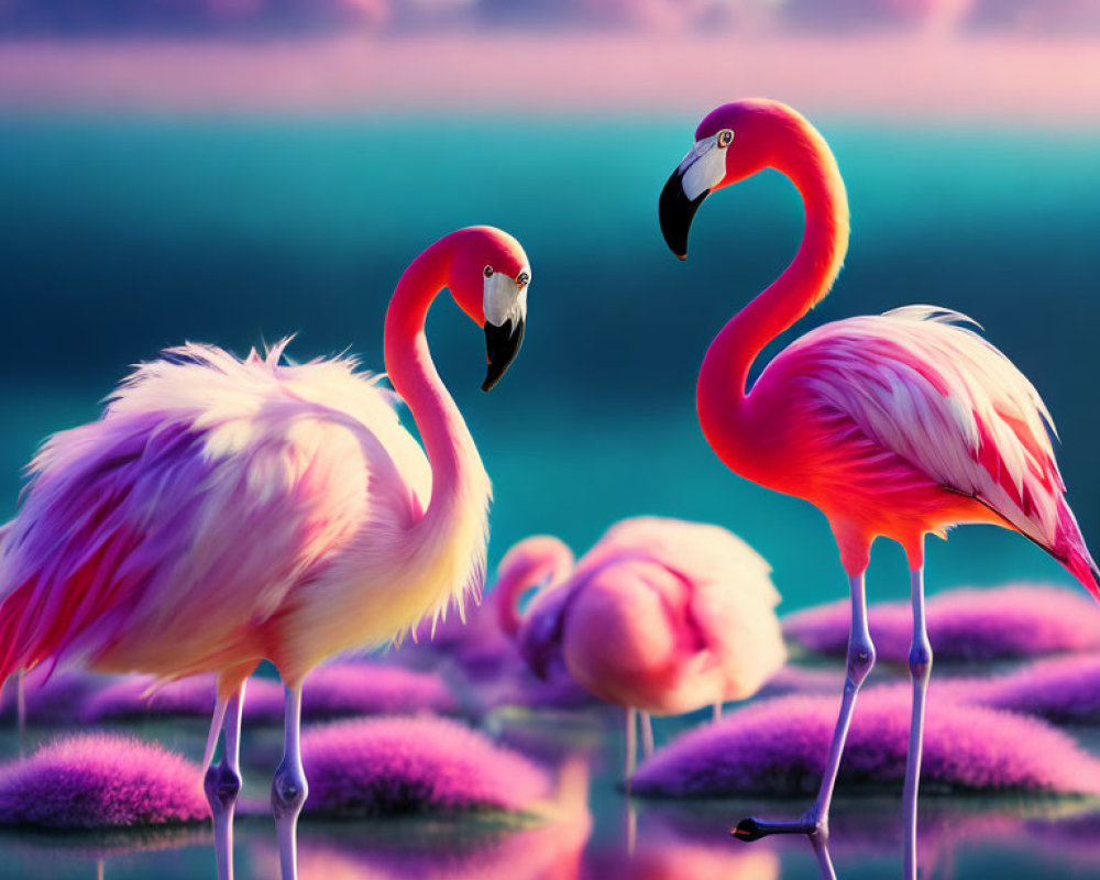 Vibrant pink flamingos in water with pink and blue sky backdrop