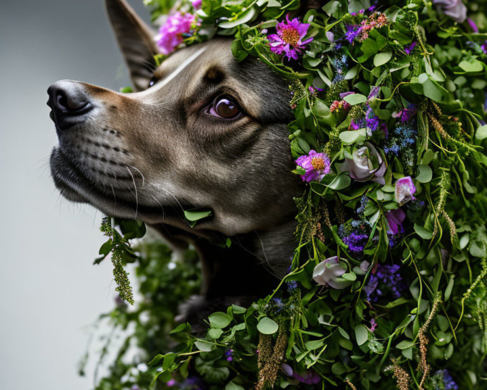 Brown Fur Dog Surrounded by Green Leaves and Purple Flowers