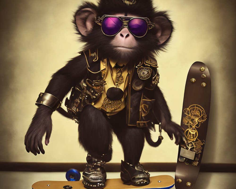 Stylish Monkey in Sunglasses and Jacket with Golden Accessories Next to Skateboard