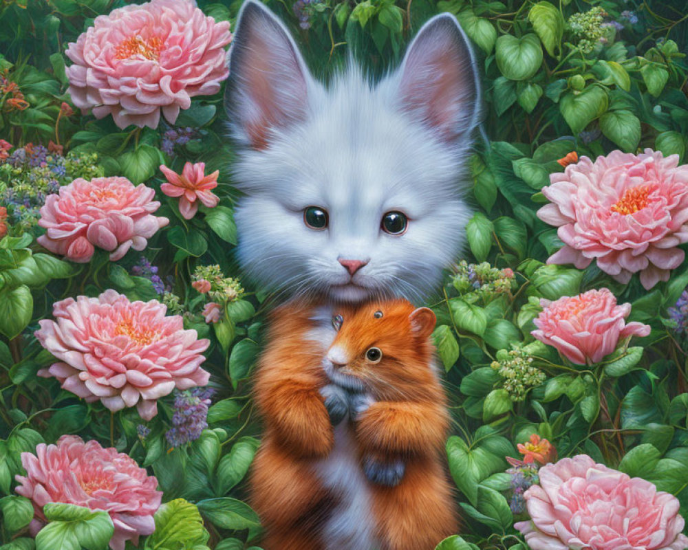 Illustration: Fluffy white kitten embraces ginger kitten in a garden setting