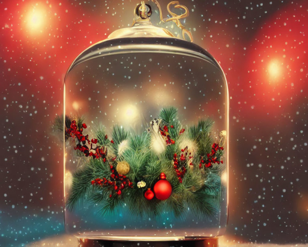 Festive bell jar with evergreen branches, red berries, and ornaments on snowy background