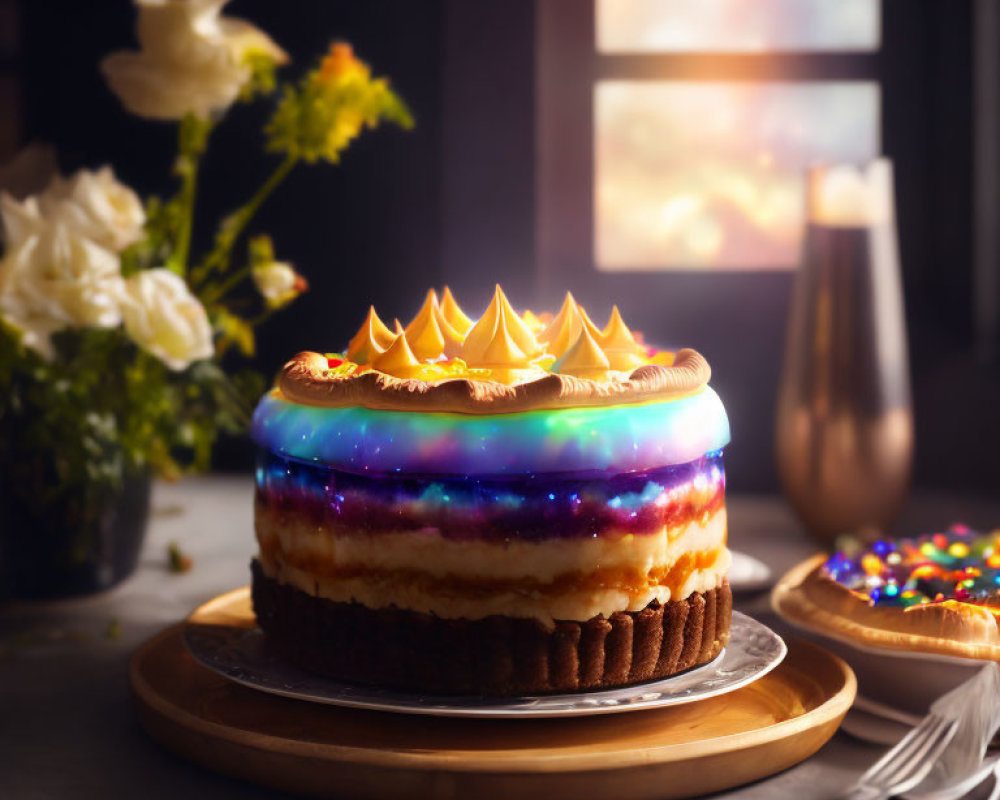 Galaxy-themed cheesecake with sparkling glaze and piped stars on table by window.