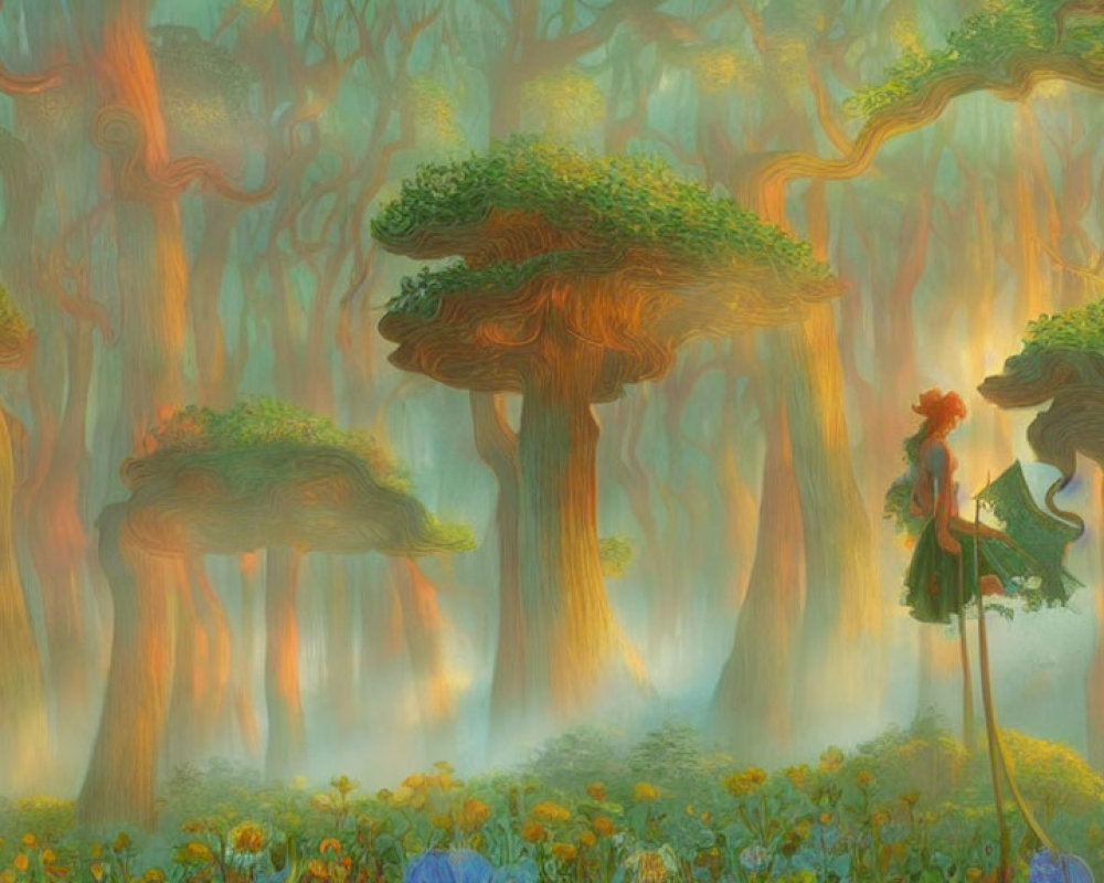 Whimsical fantasy forest with floating woman and sunbeams