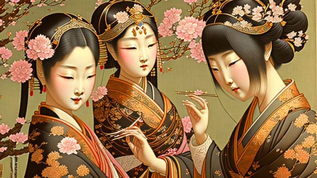 Traditional Asian Artwork: Two Women in Ornate Garments with Cherry Blossoms