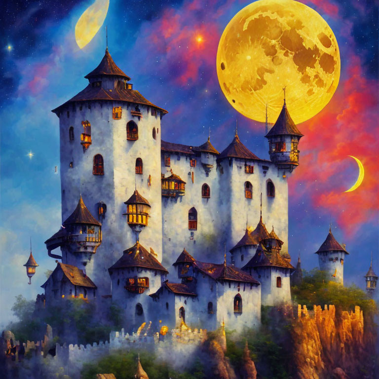 Fantastical Castle Twilight Sky with Moons and Planets