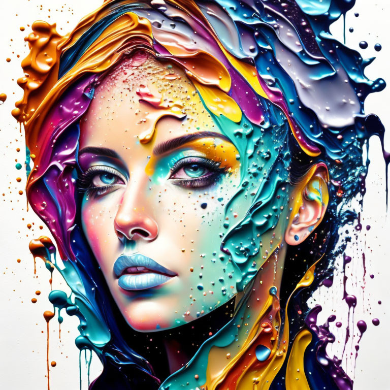 Colorful liquid-like textures flow over woman's face in vibrant portrait