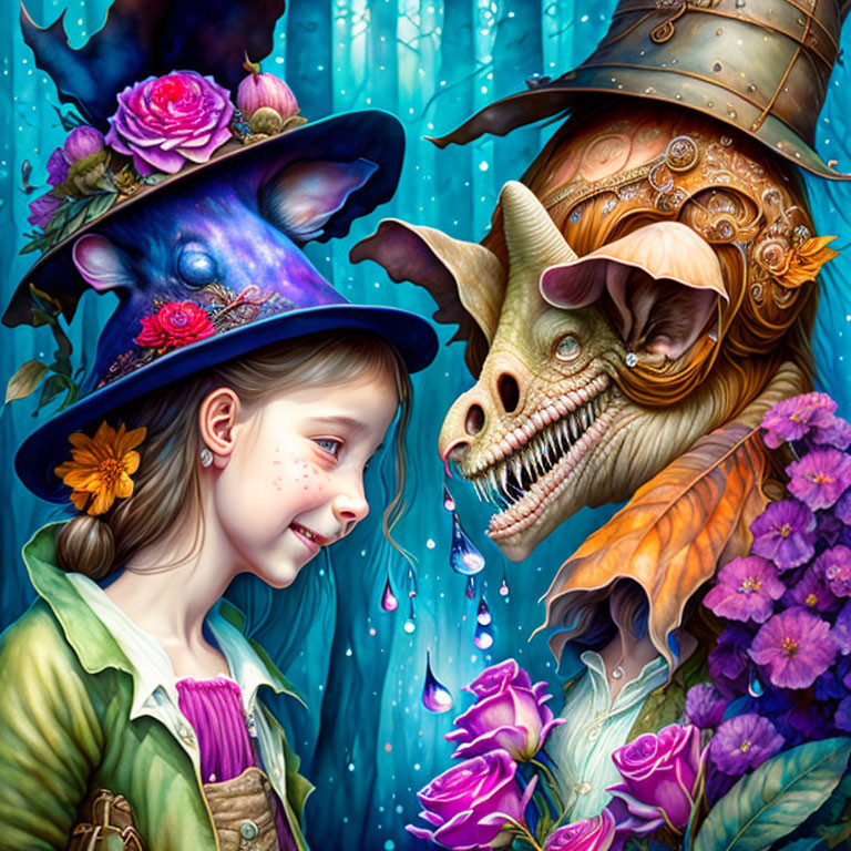 Colorful Illustration of Smiling Girl and Fantastical Creature