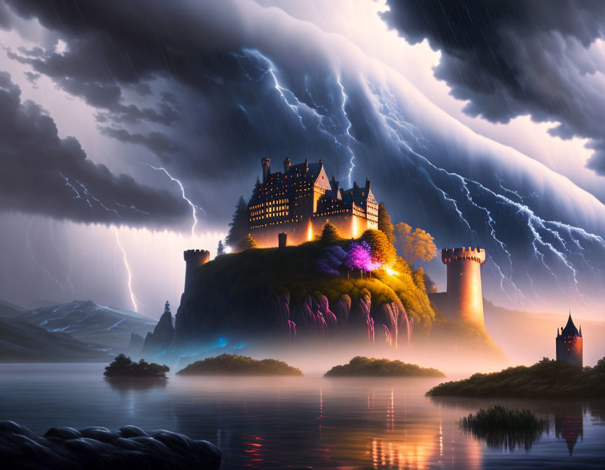 Castle illuminated in thunderstorm with lightning streaks over tranquil lake and misty surroundings at dusk