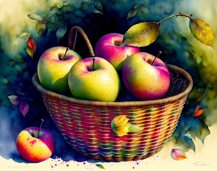 Colorful ripe apples in wicker basket against blue background