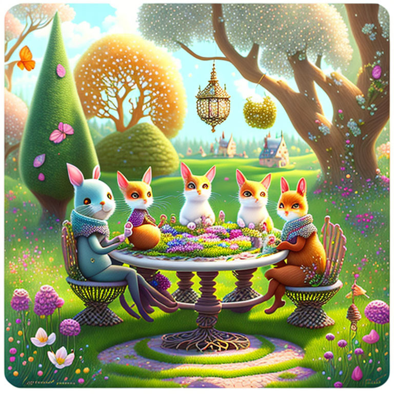 Whimsical animated animals at tea in colorful garden