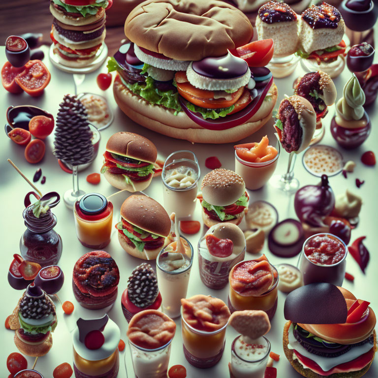 Whimsical Miniature Food Art Display: Burgers, Sandwiches, Desserts, and Drinks