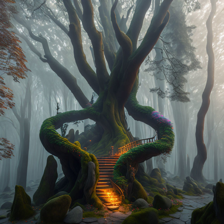 Enchanted forest scene with giant tree and spiral staircase