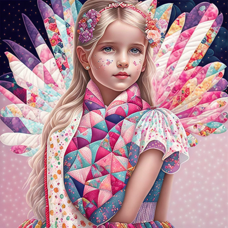 Colorful digital artwork: Young girl with quilt-patterned butterfly wings