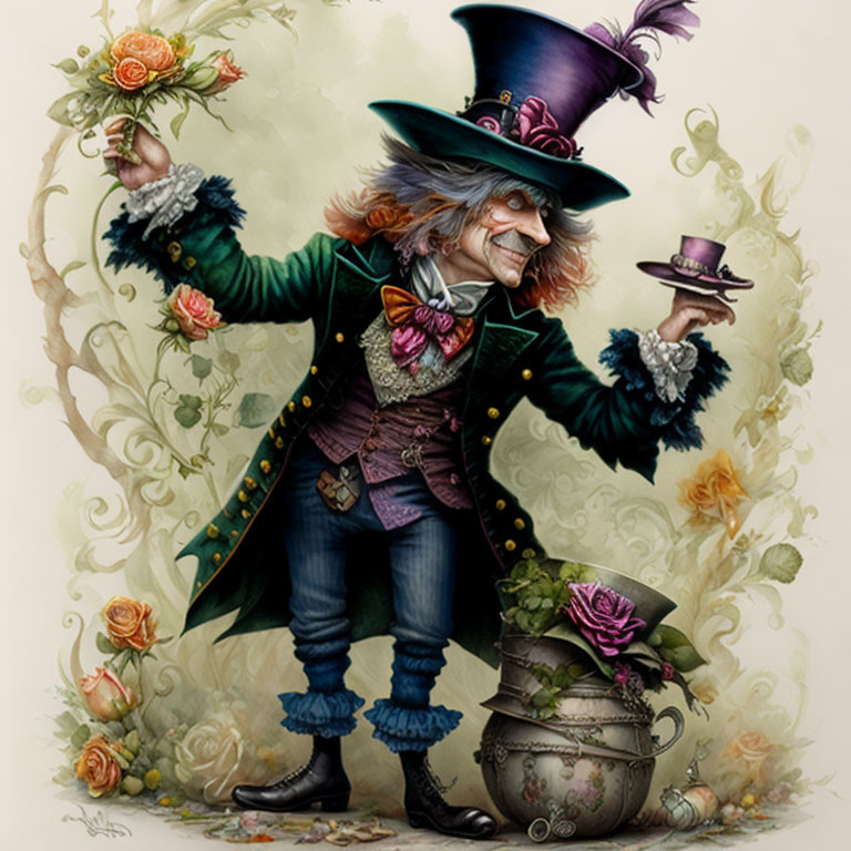 Whimsical character with large hat and green coat among roses and vines