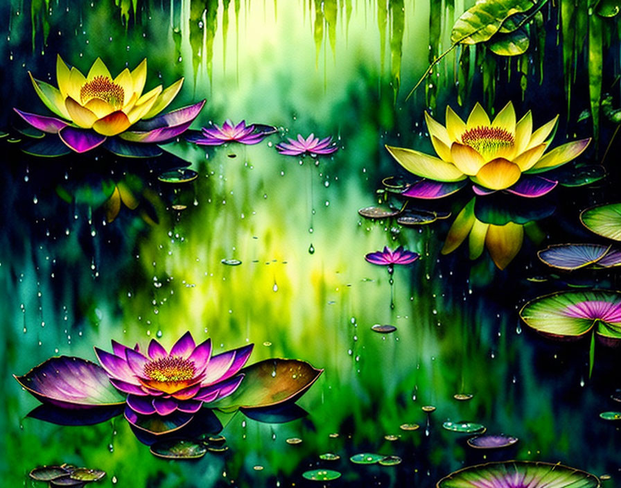 Colorful Lotus Flowers on Pond with Water Droplets and Greenery