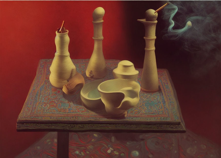 Wooden Chess Figures and Incense Burner on Ornate Table Painting