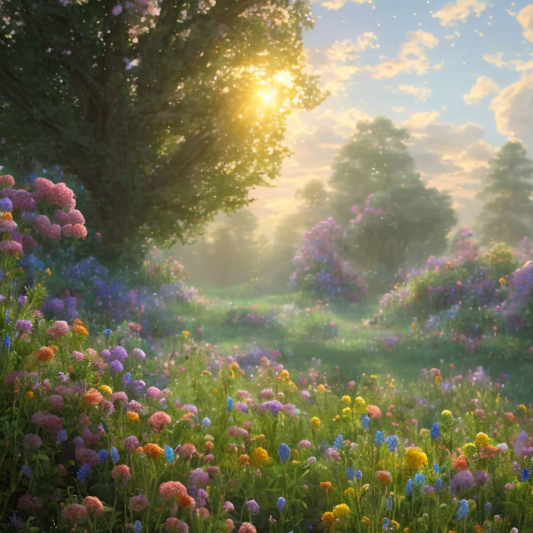 Sunlight illuminates colorful meadow with flowers on misty morning