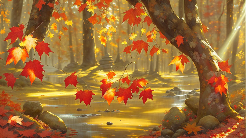 Vibrant autumn forest: sunlight on red maple leaves & flowing stream