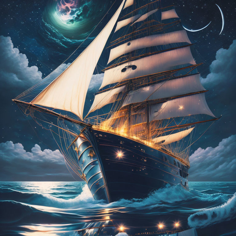 Sailing ship at night under starry sky with crescent moon and green planet