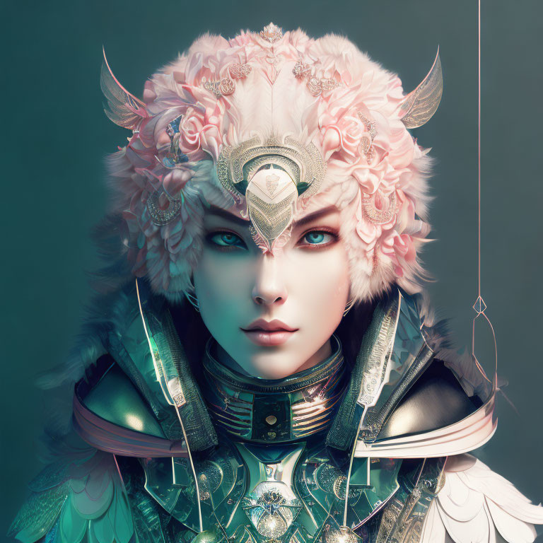 Fantasy character in green armor with blue eyes and floral helmet