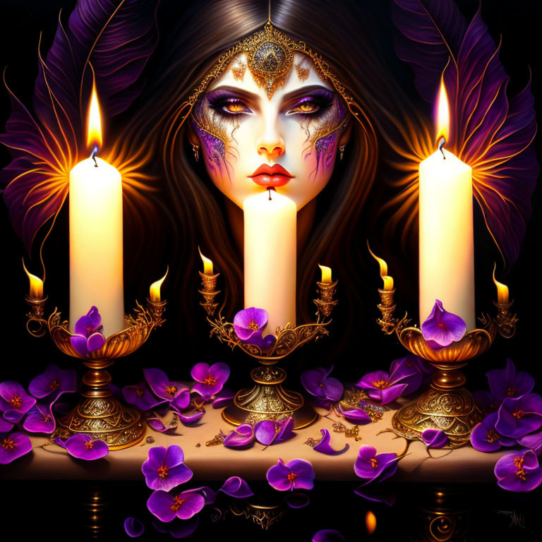 Illustrated woman with intricate makeup and jewelry among candles and flowers