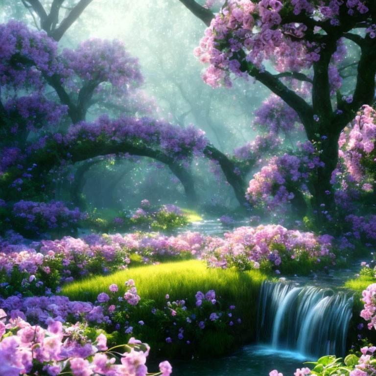 Tranquil landscape with purple flowering trees and small waterfall