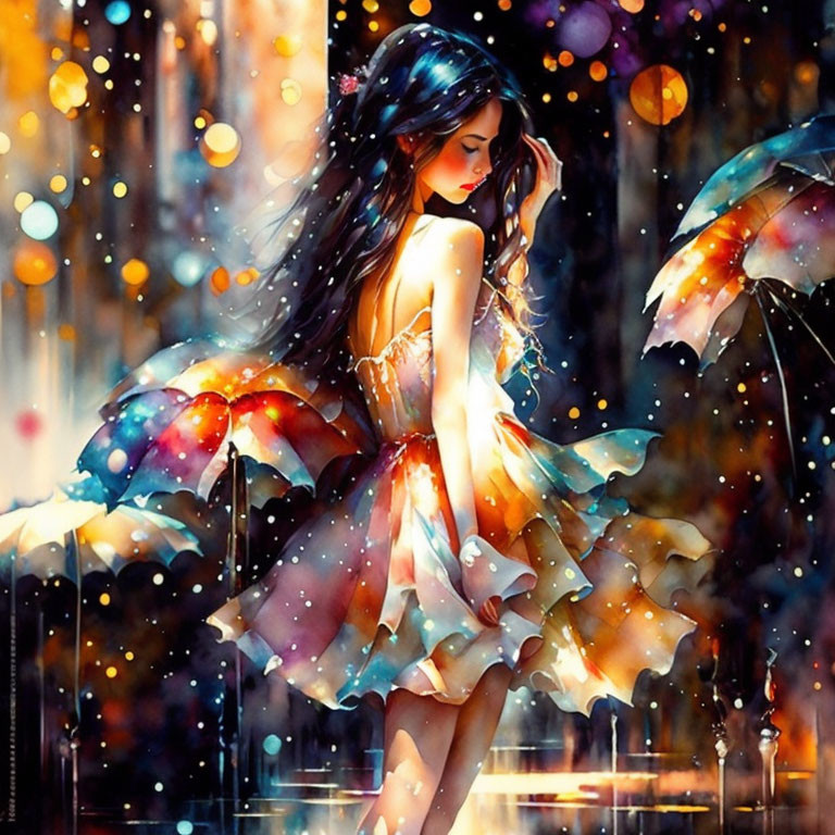 Dark-haired woman in iridescent dress surrounded by sparkling lights and bokeh effects